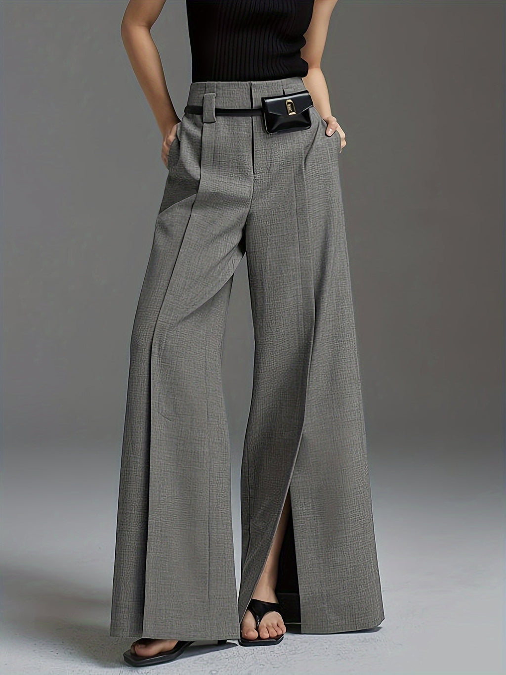 Women's grey high-waisted wide-leg trousers with front slit detail