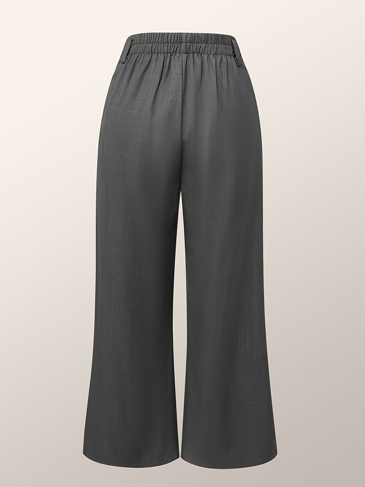 Women's grey high-waisted wide-leg trousers, back view