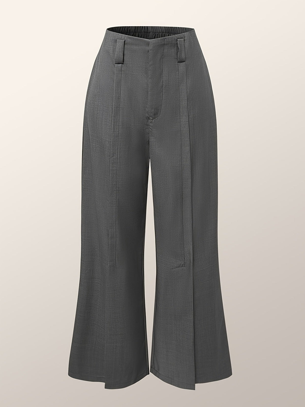 Women's grey high-waisted wide-leg trousers, front view