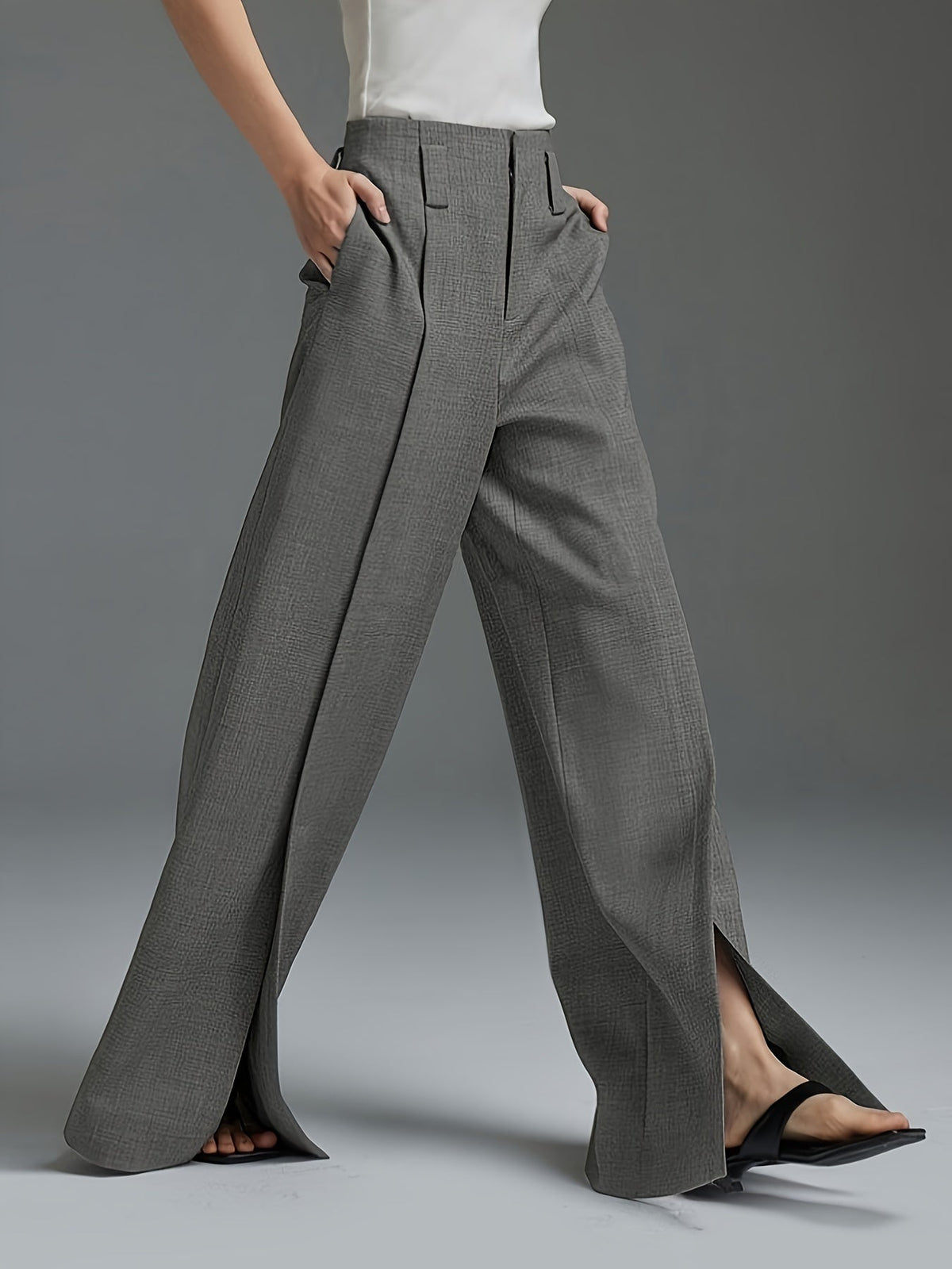 Women's grey high-waisted wide-leg trousers with front slit detail