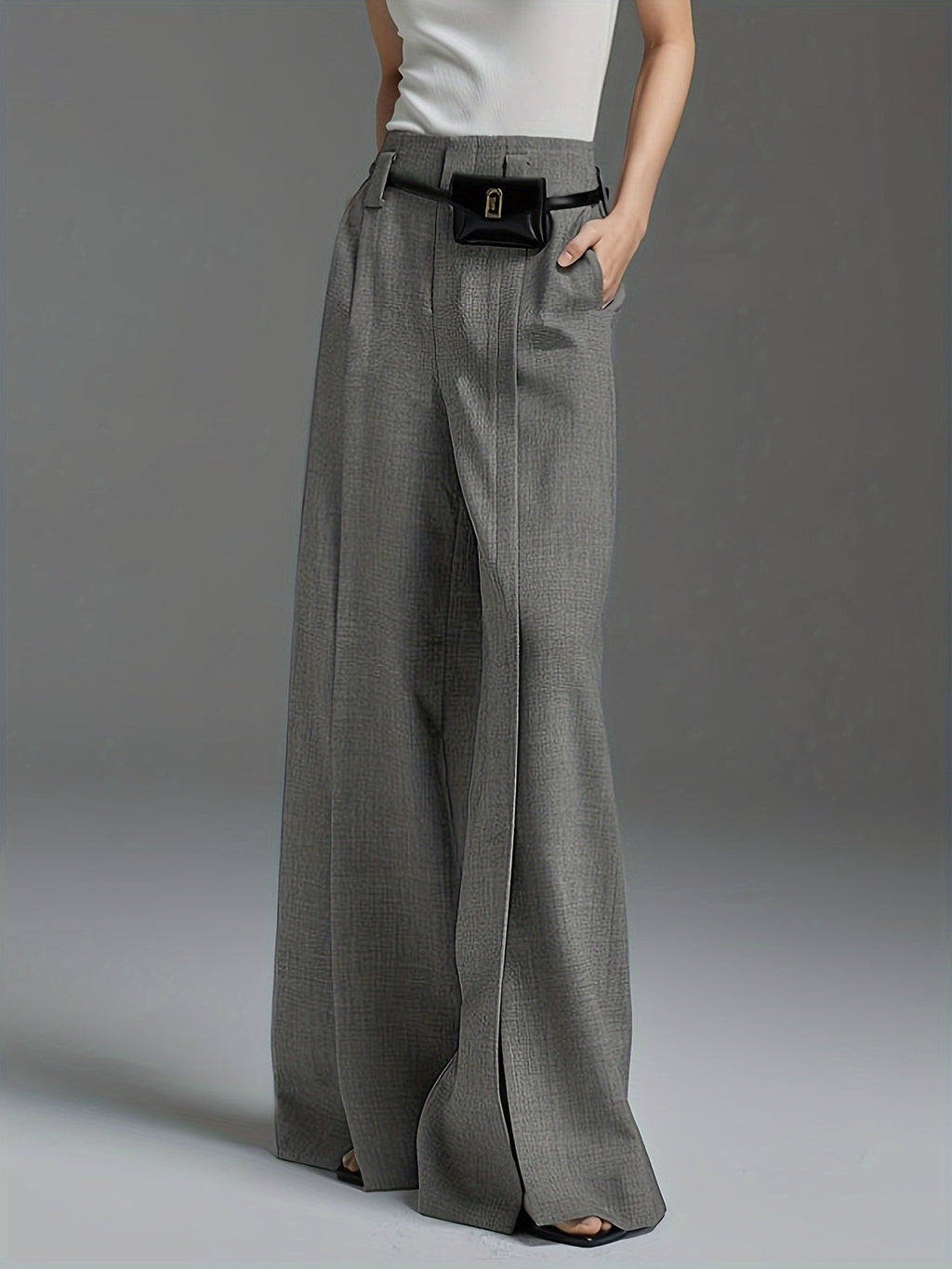 Women's grey high-waisted wide-leg trousers with front slit detail