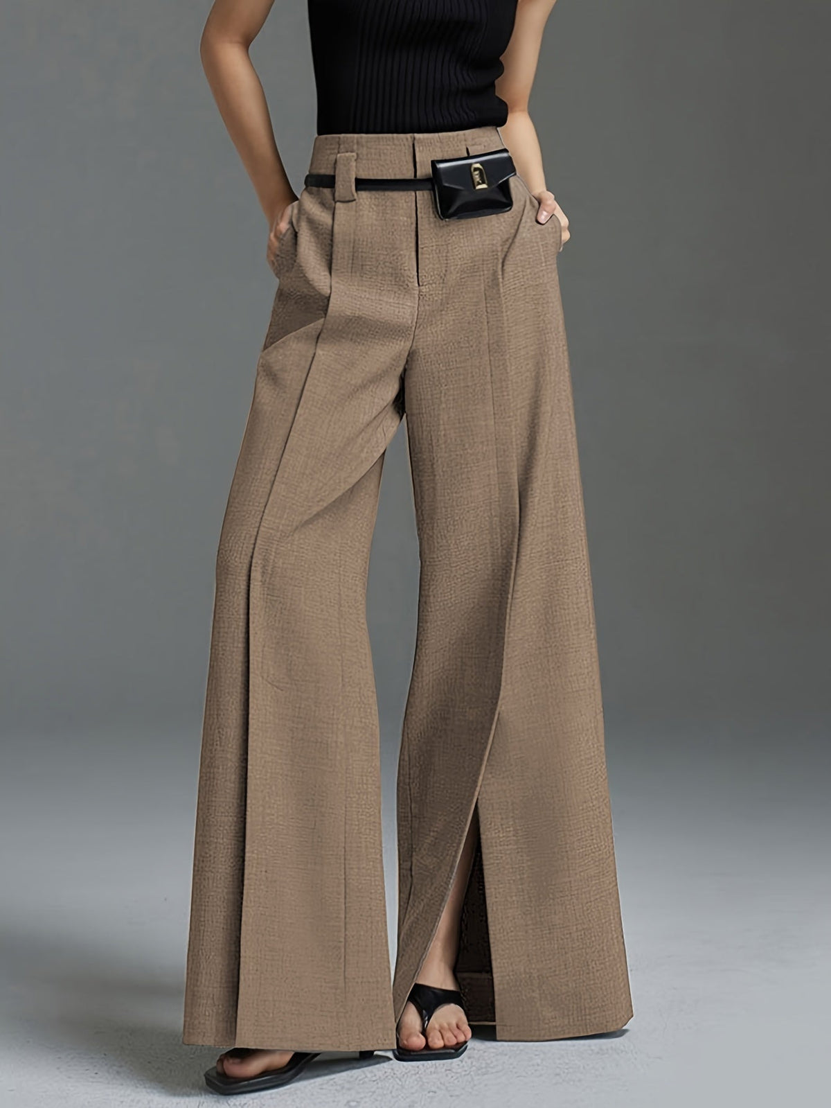 Women's grey high-waisted wide-leg trousers with front slit detail