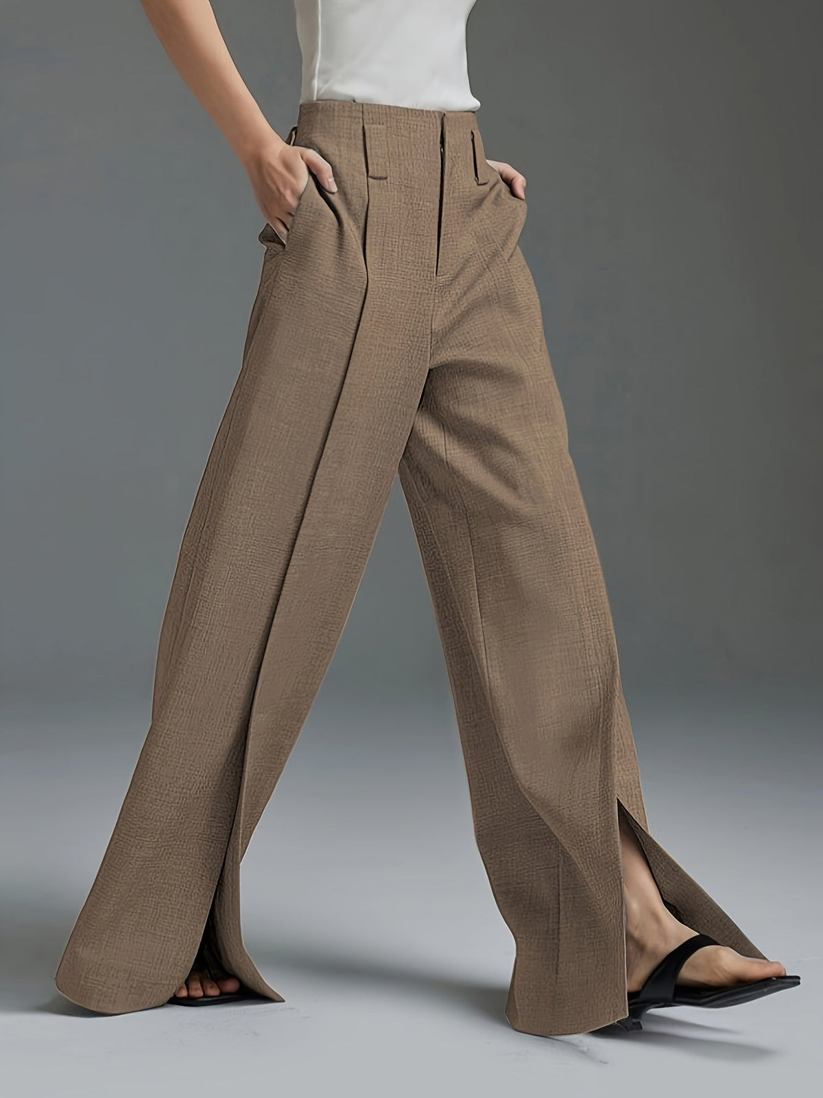 Women's grey high-waisted wide-leg trousers with front slit detail