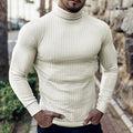 Men's white ribbed turtleneck sweater with a slim, structured fit