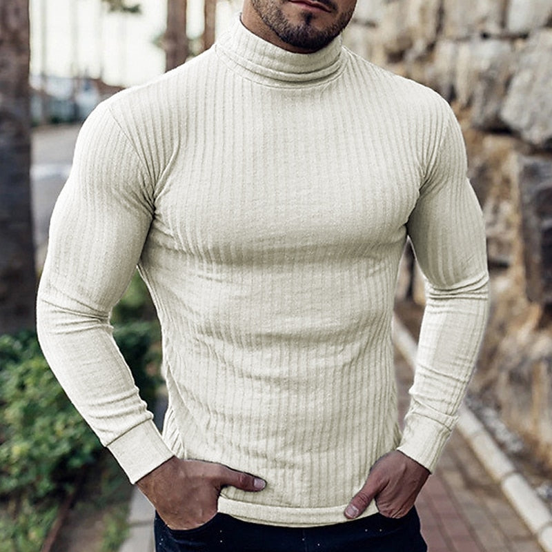 Men's white ribbed turtleneck sweater with a slim, structured fit