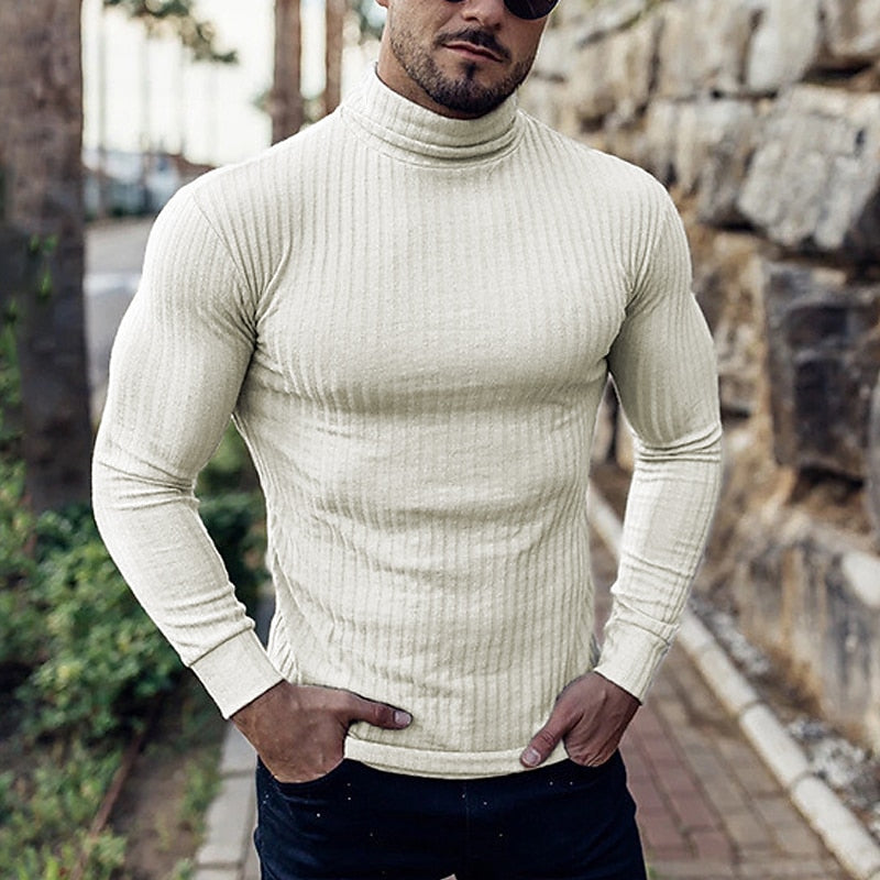 Men's white ribbed turtleneck sweater with a slim, structured fit