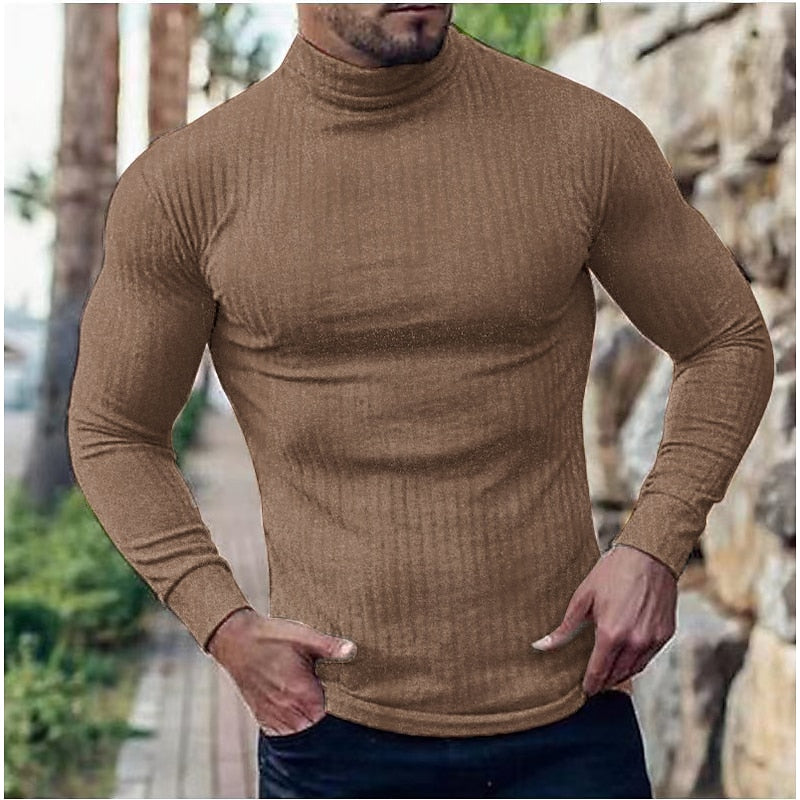 Men's ribbed turtleneck sweater with a slim, structured fit