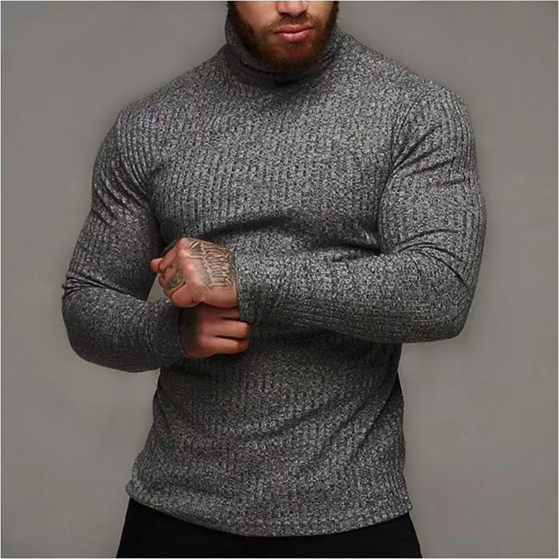 Men's ribbed turtleneck sweater with a slim, structured fit