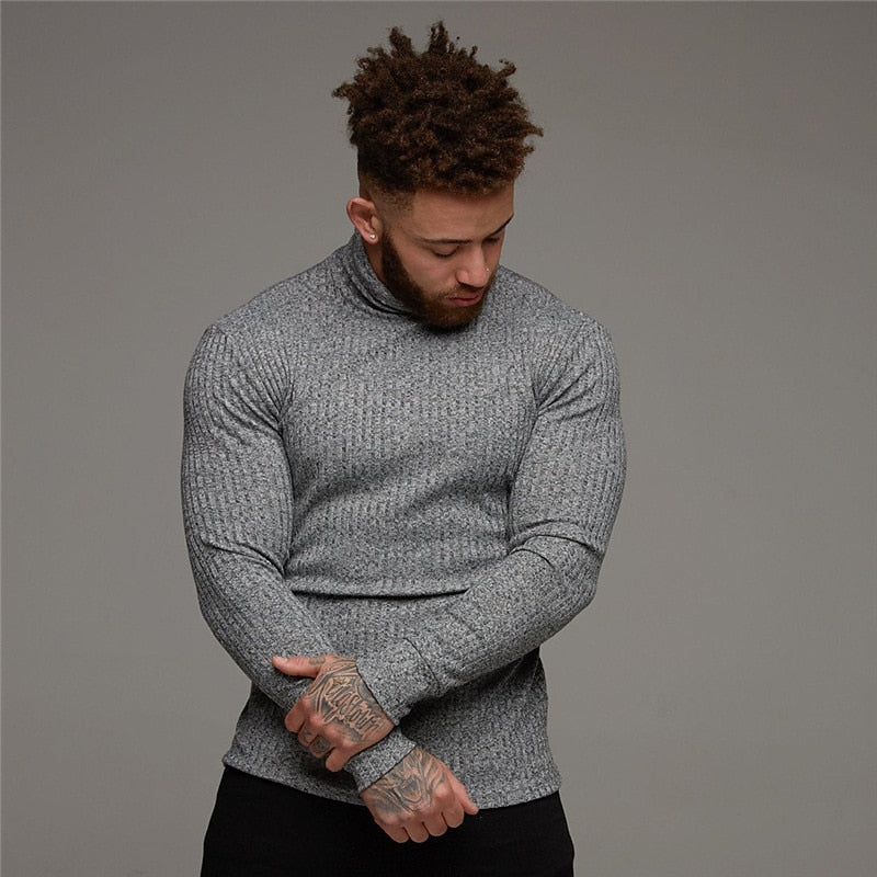 Men's ribbed turtleneck sweater with a slim, structured fit