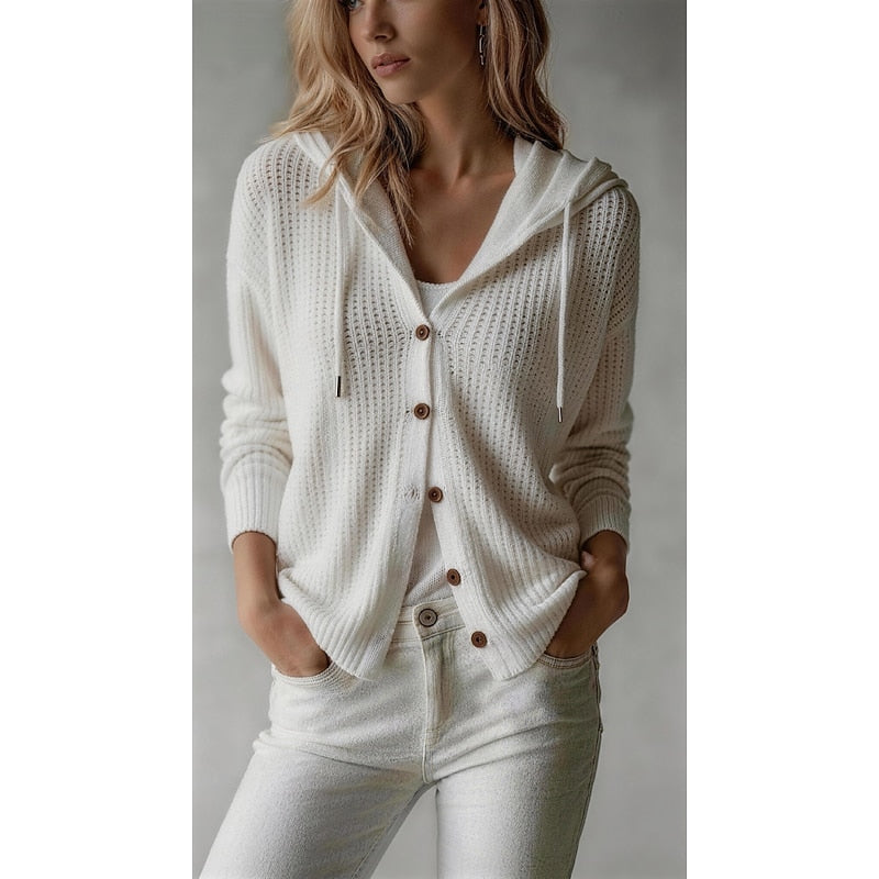 Women's white hooded cardigan with a ribbed knit texture