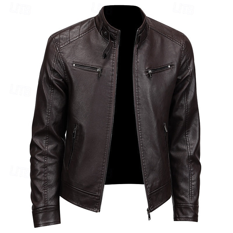 Men's classic moto jacket with standing collar and zip pockets