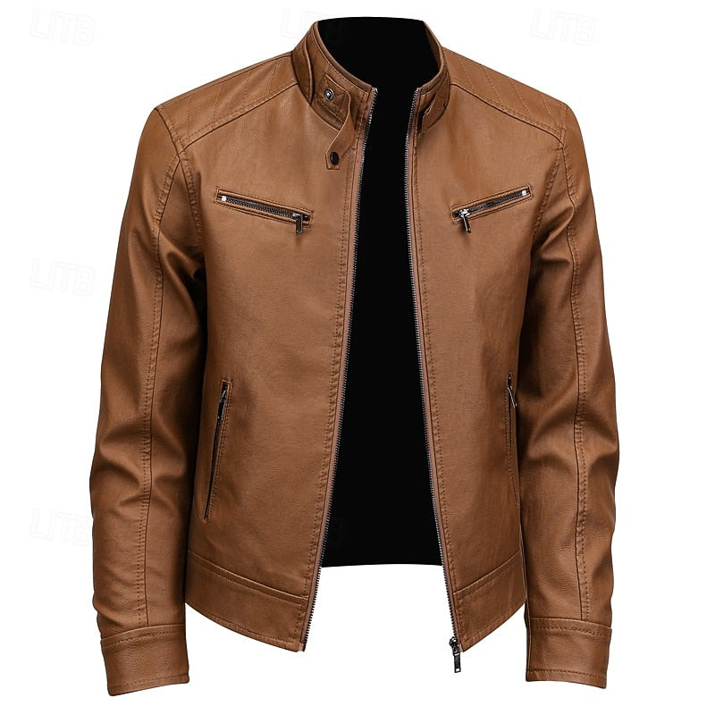 Men's classic moto jacket with standing collar and zip pockets