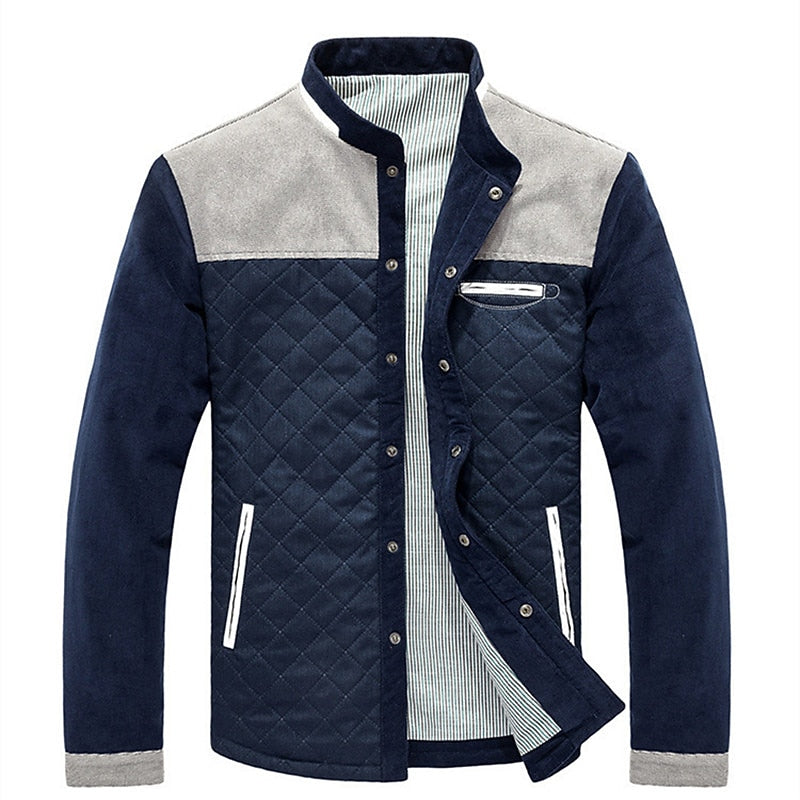 Men's white, gray, and blue quilted puffer jacket with stand collar