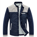 Men's white, gray, and blue quilted puffer jacket with stand collar