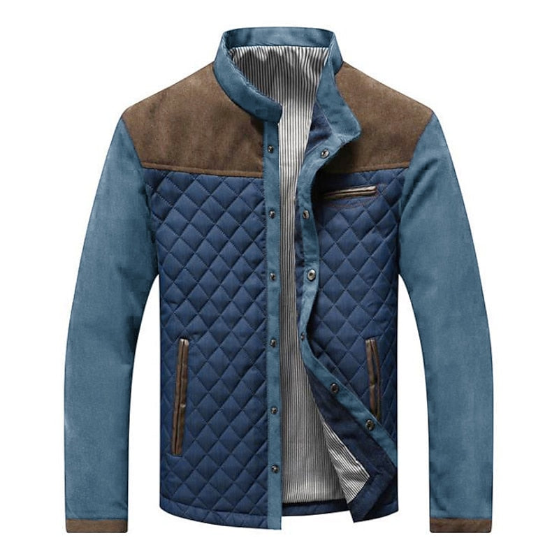Men's white, gray, and blue quilted puffer jacket with stand collar