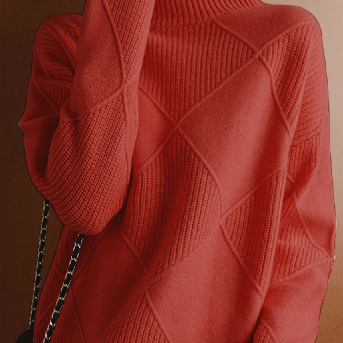 Women's textured knit turtleneck sweater with a relaxed, roomy fit