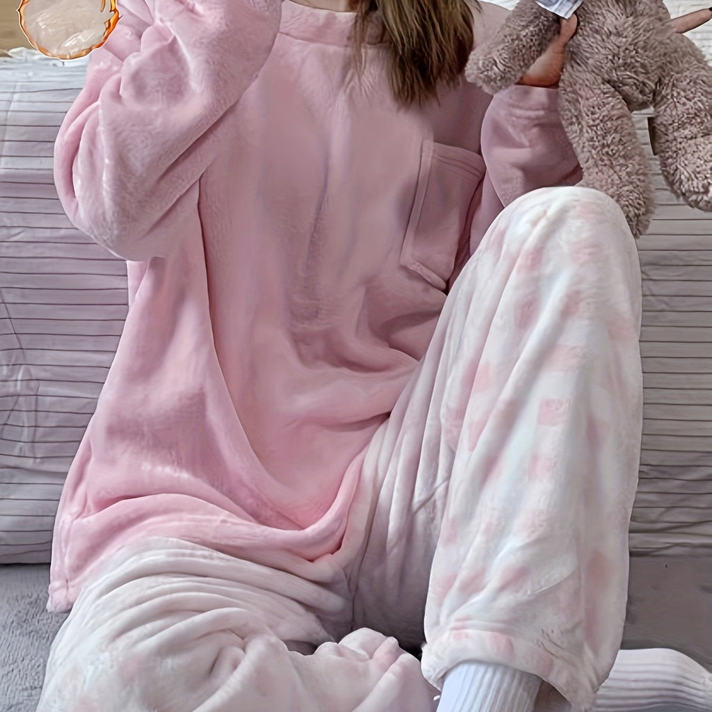 Women's plush two-piece lounge set with a handy chest pocket