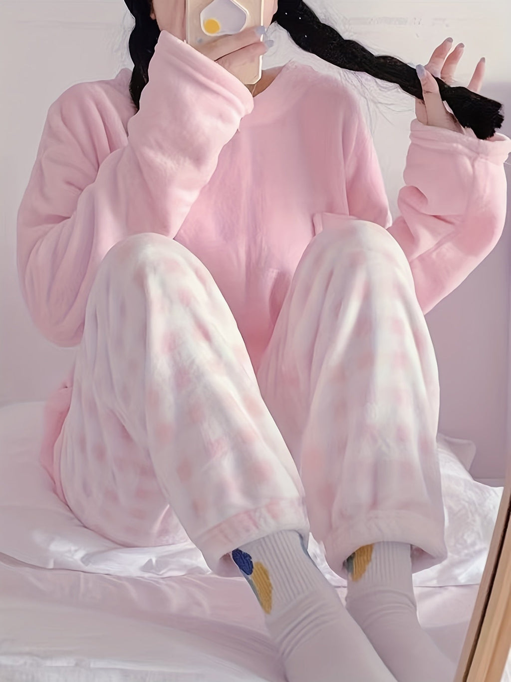 Women's plush two-piece lounge set with a handy chest pocket