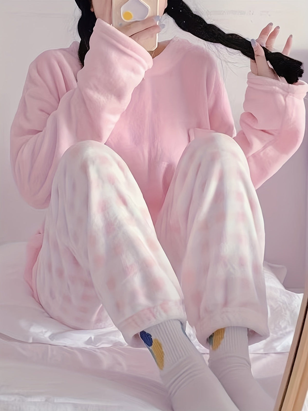 Women's plush two-piece lounge set with a handy chest pocket