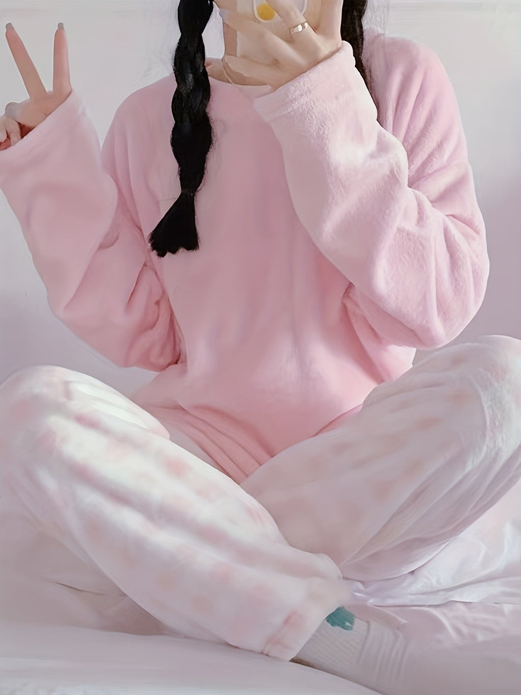 Women's plush two-piece lounge set with a handy chest pocket