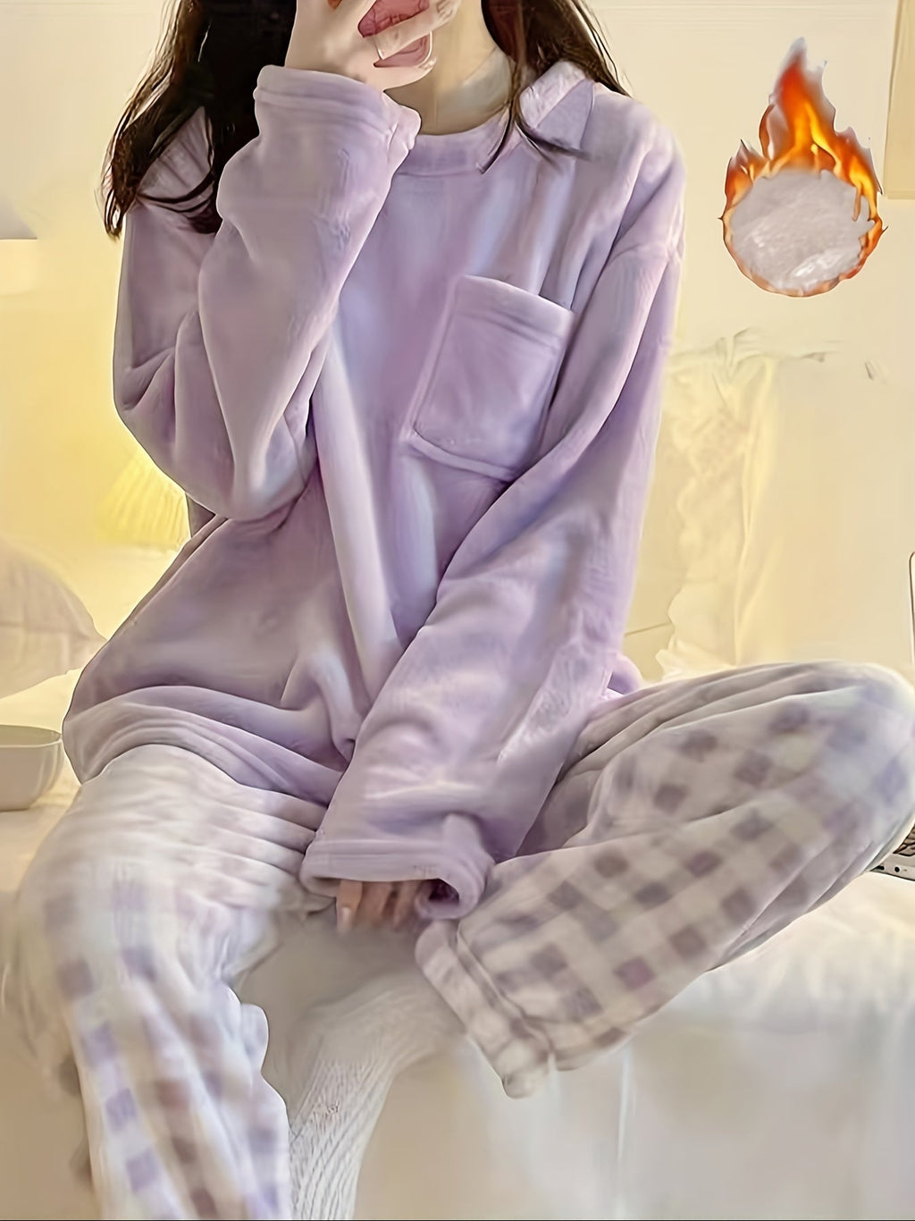 Women's plush two-piece lounge set with a handy chest pocket