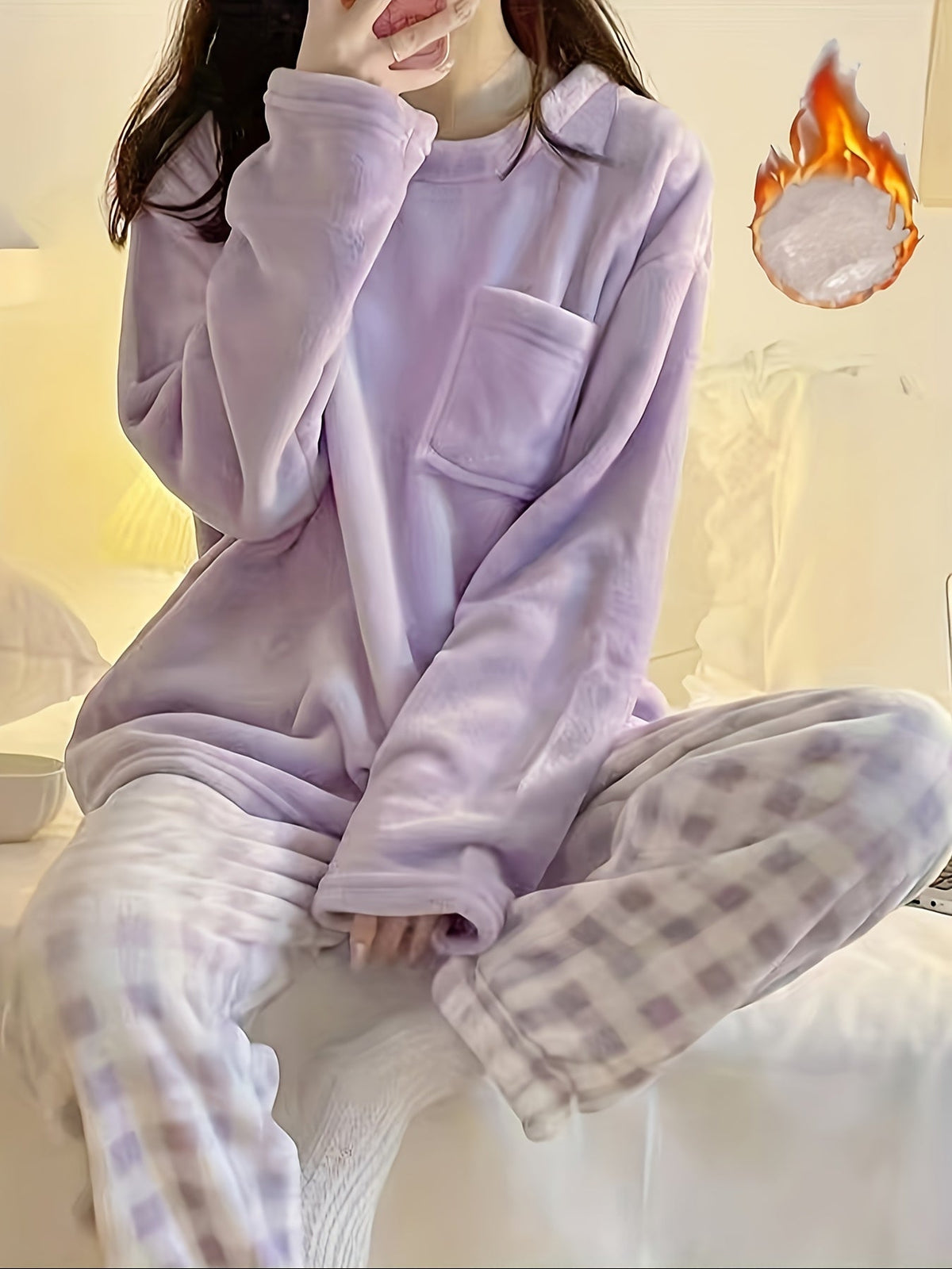 Women's plush two-piece lounge set with a handy chest pocket