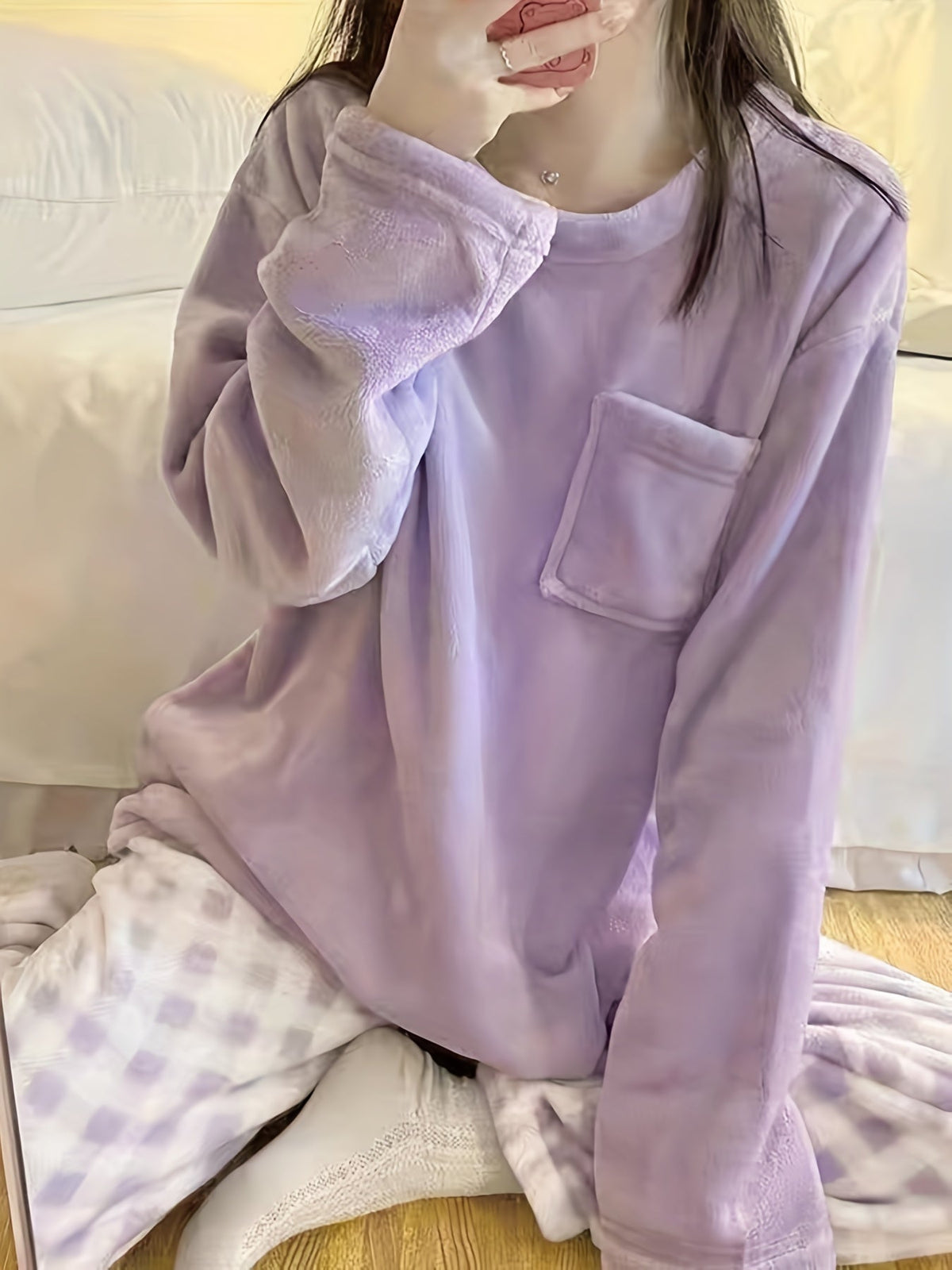 Women's plush two-piece lounge set with a handy chest pocket