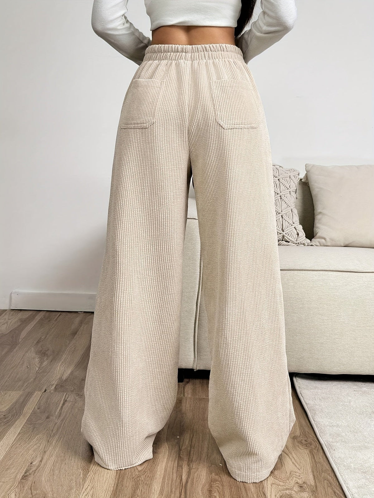 Women's apricot palazzo pants with an elastic drawstring waist