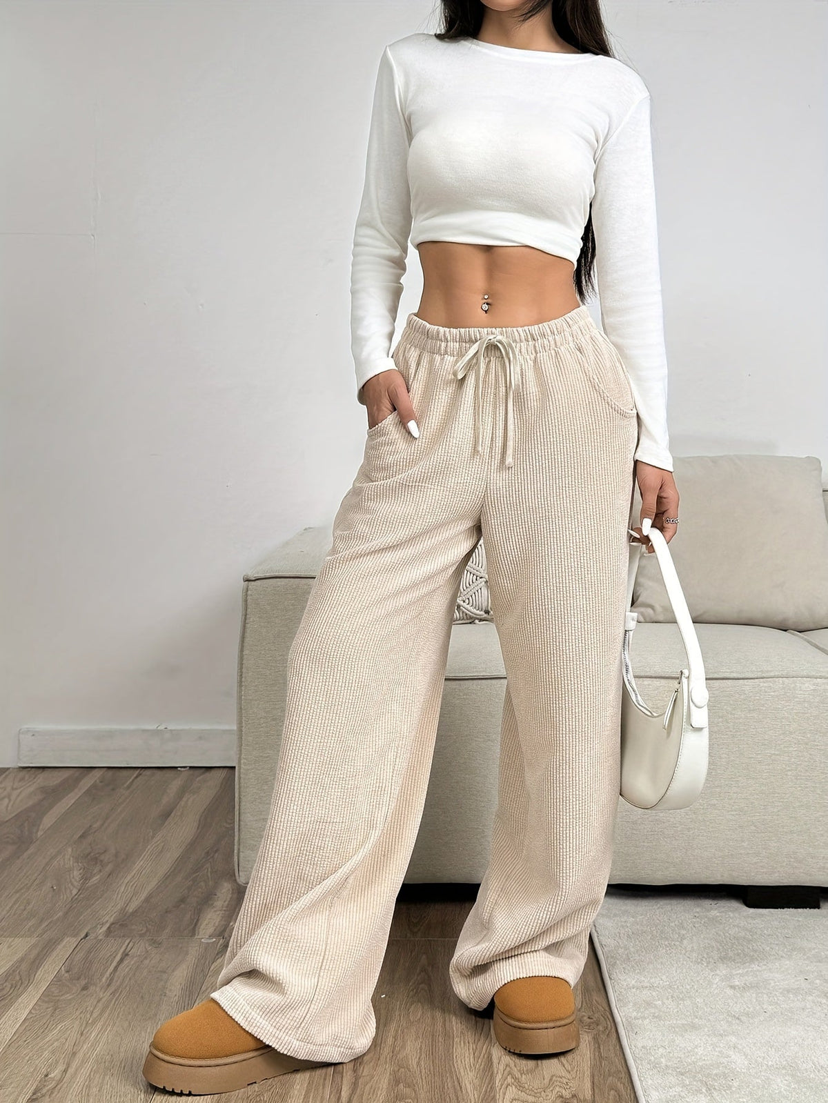 Women's apricot palazzo pants with an elastic drawstring waist