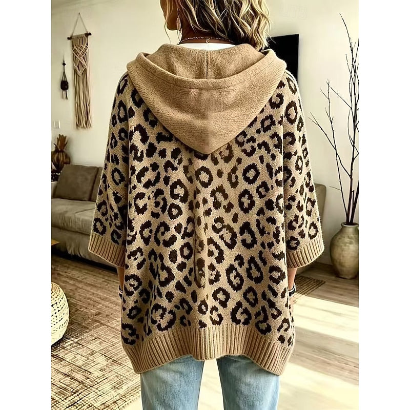 Women's animal print hooded sweater with a relaxed, graceful drape