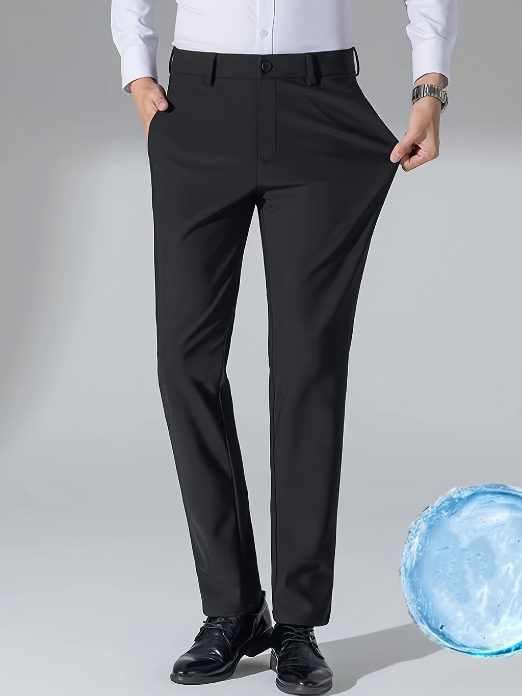 Men's tailored straight-leg stretch dress pants that resist wrinkles