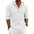 Men's white hooded waffle knit henley shirt with a button placket