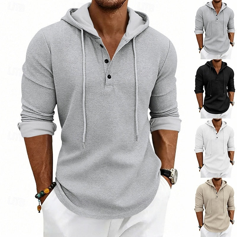 Men's hooded waffle knit henley shirt shown in available colors