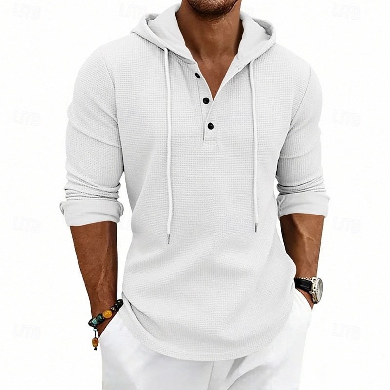 Men's white hooded waffle knit henley shirt, side view with drawstring hood