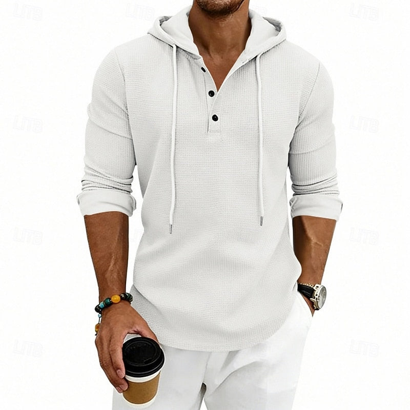 Men's white hooded waffle knit henley shirt, close view of the button placket