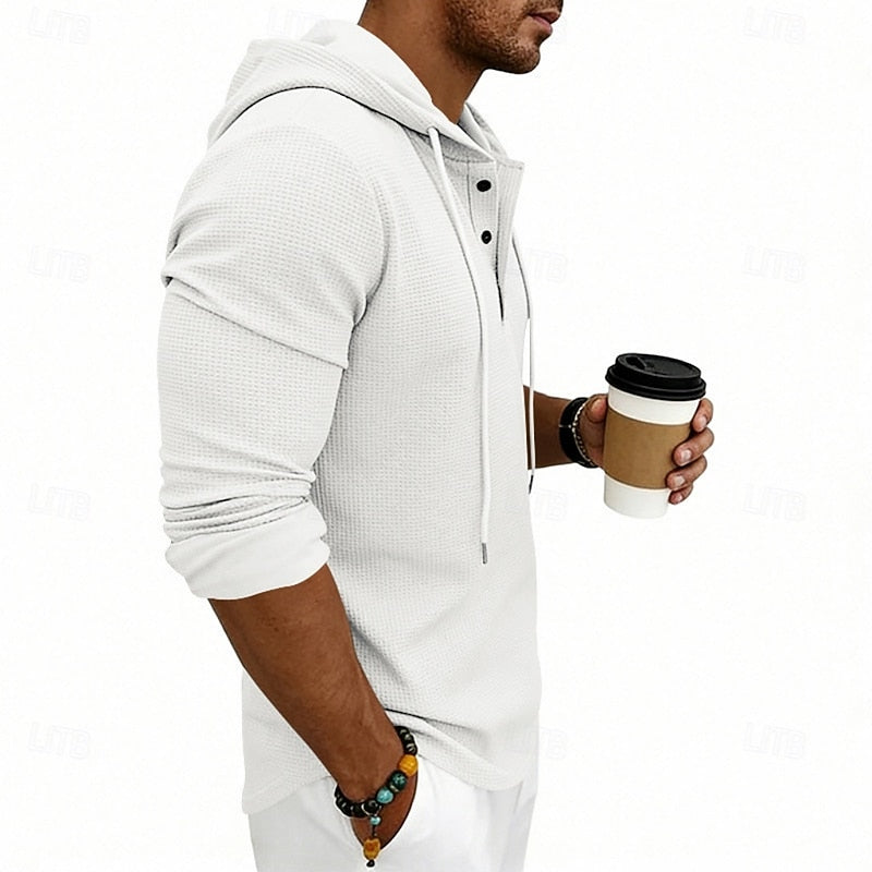 Men's white hooded waffle knit henley shirt, side profile view