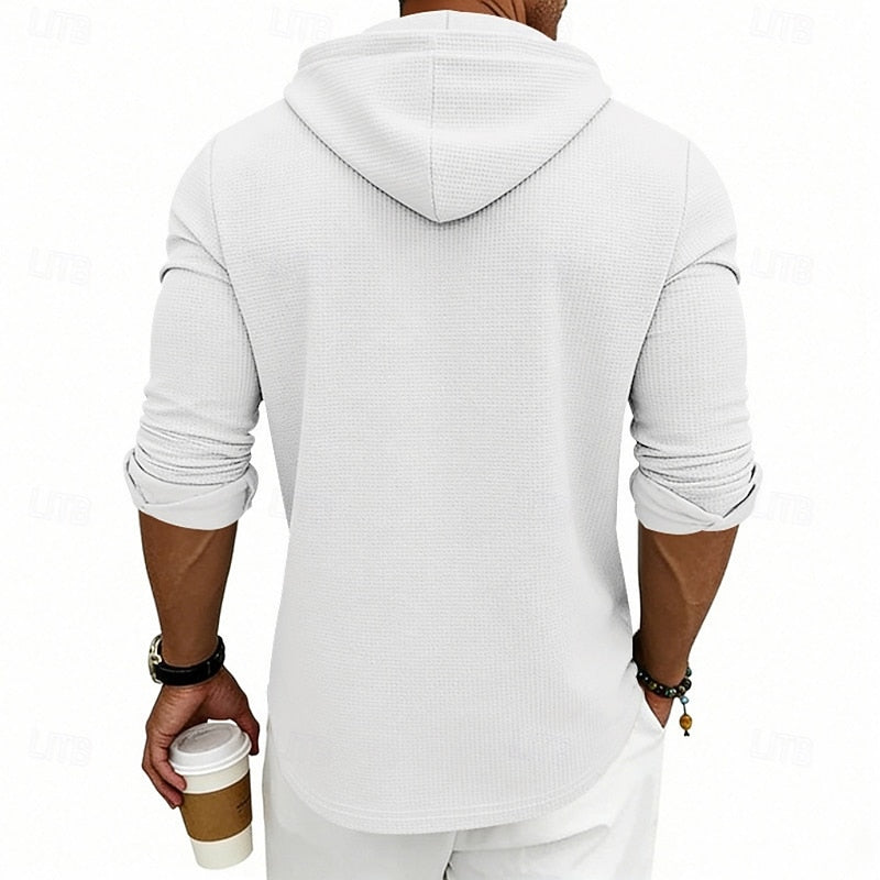 Men's white hooded waffle knit henley shirt, back view with hood