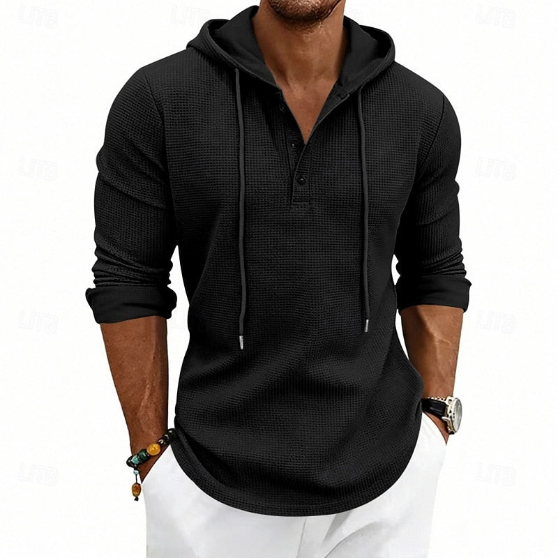 Men's white hooded waffle knit henley shirt, back view with hood