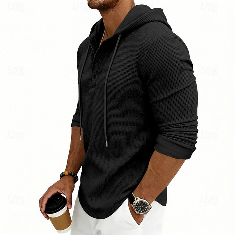 Men's white hooded waffle knit henley shirt, back view with hood