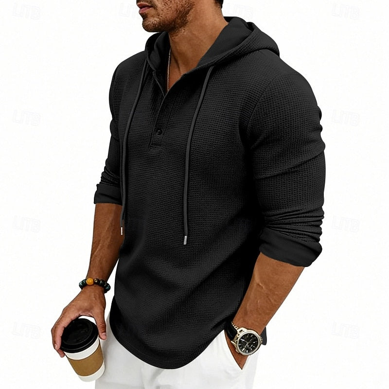 Men's white hooded waffle knit henley shirt, back view with hood