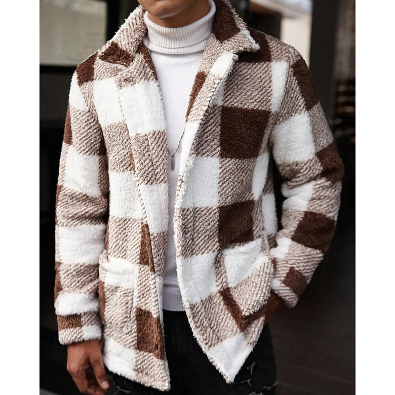 Men's plaid standing-collar jacket with a button-front closure