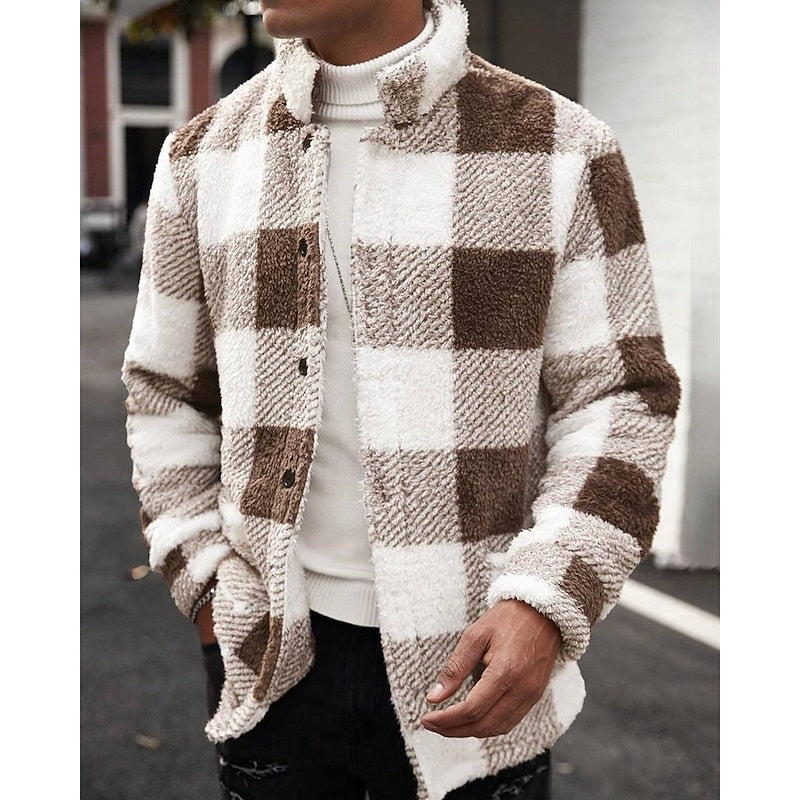Men's plaid standing-collar jacket with a button-front closure