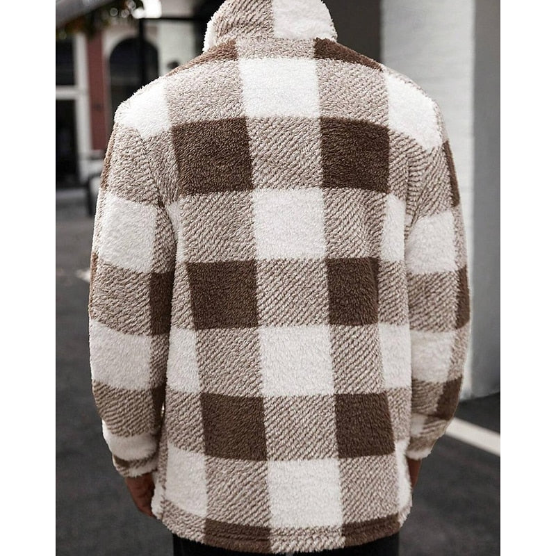 Men's plaid standing-collar jacket with a button-front closure