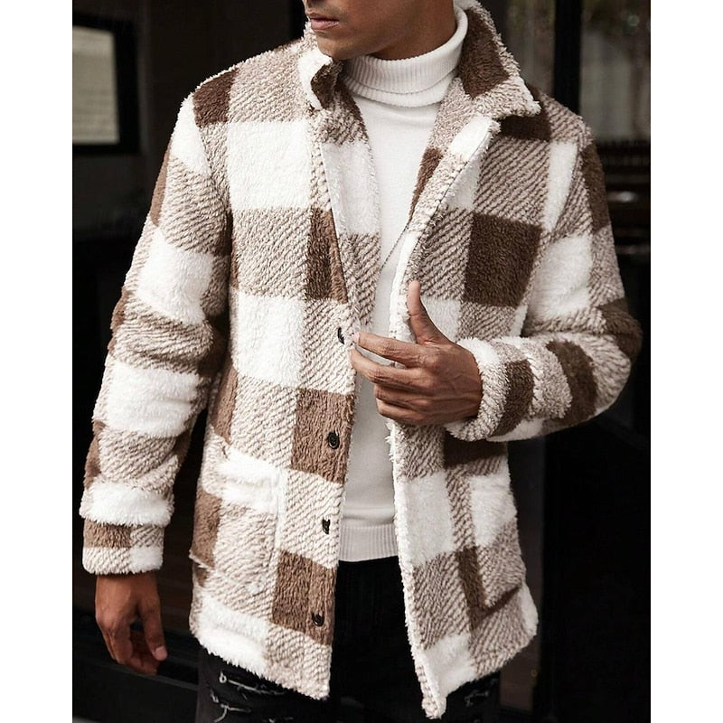 Men's plaid standing-collar jacket with a button-front closure