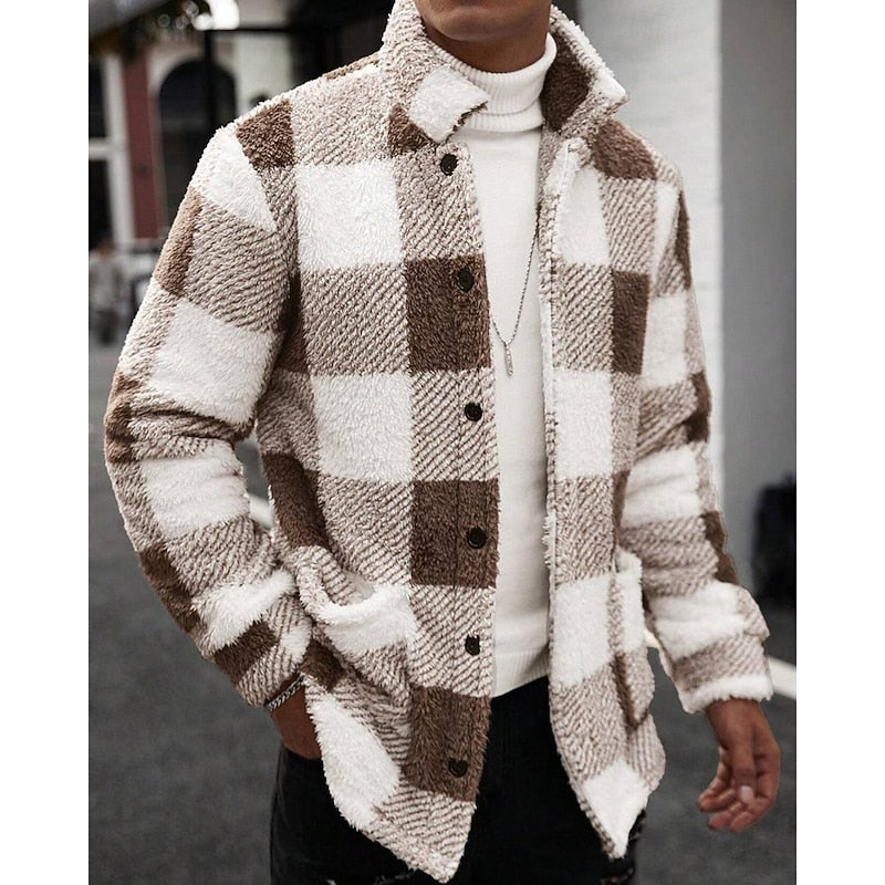 Men's plaid standing-collar jacket with a button-front closure