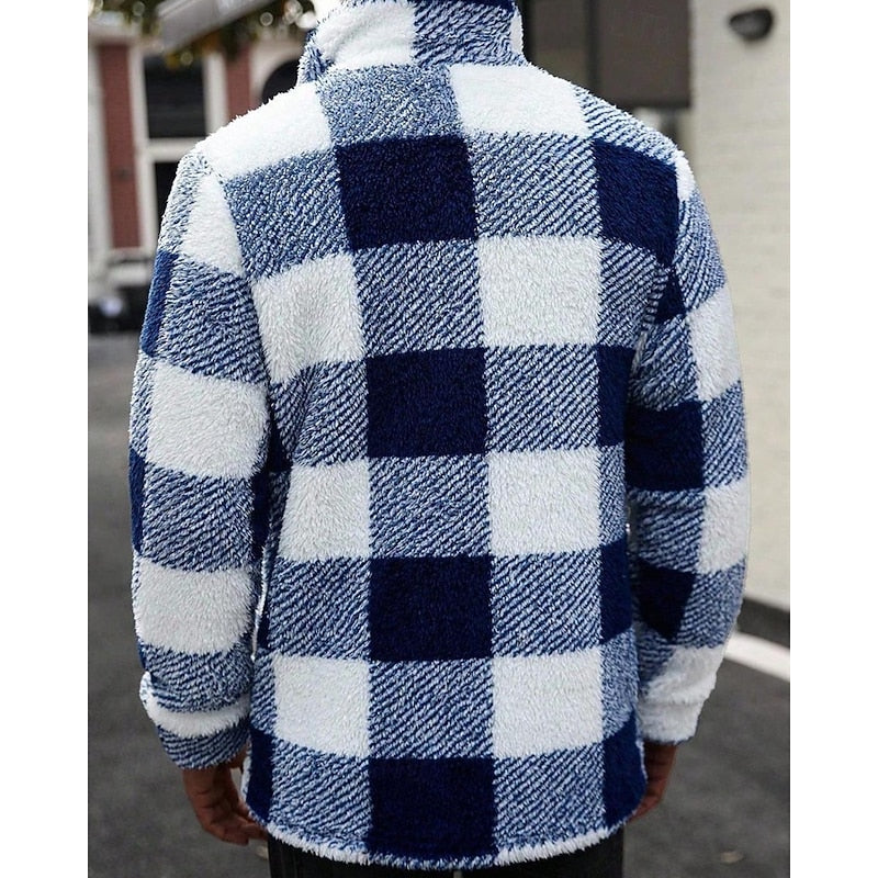 Men's plaid standing-collar jacket with a button-front closure