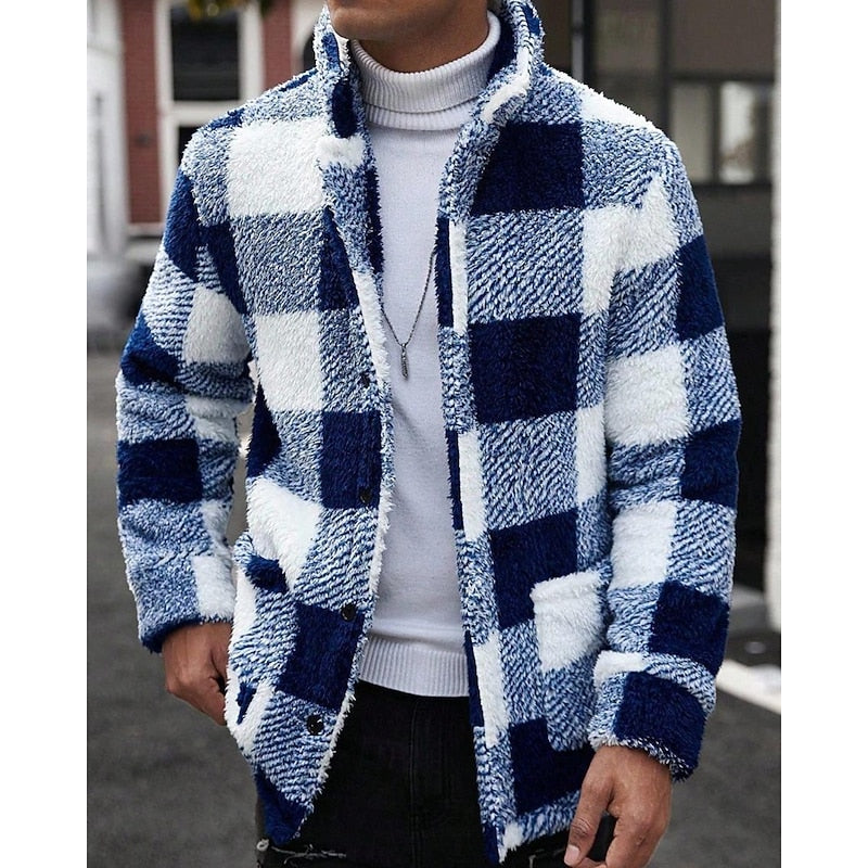 Men's plaid standing-collar jacket with a button-front closure
