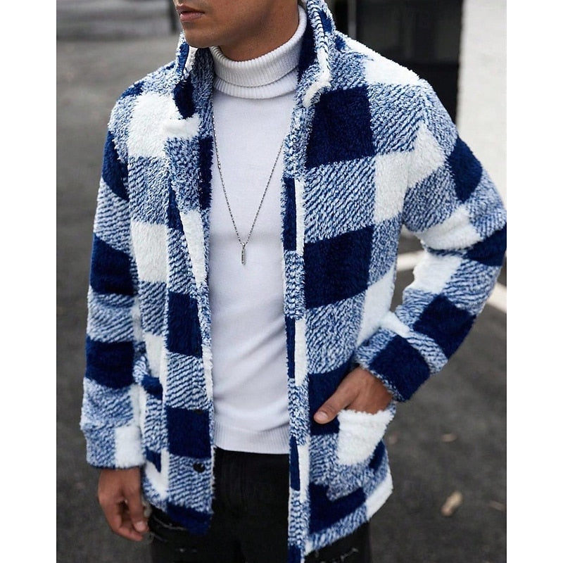 Men's plaid standing-collar jacket with a button-front closure