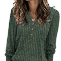 Women's ribbed knit button-neck top with long sleeves and V-neck
