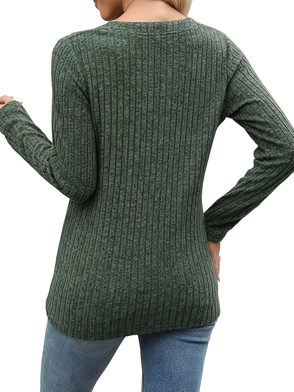 Women's ribbed knit button-neck top with long sleeves and V-neck